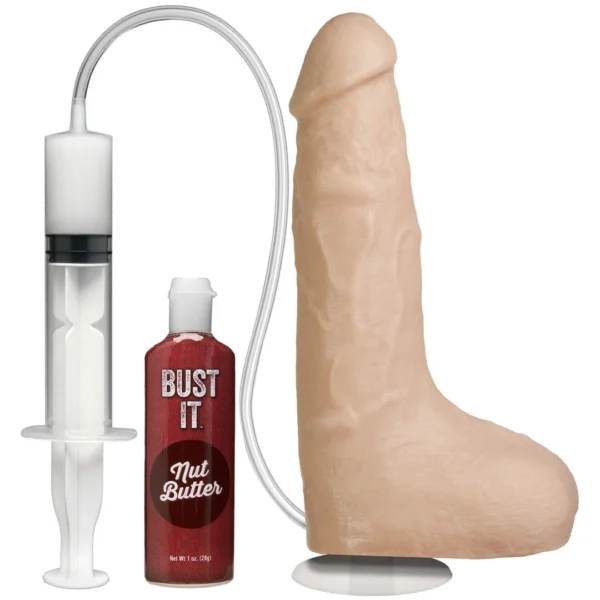 Doc Johnson Bust It 8.5” dildo su siurbtuku ir skysčio funkcija, baltas