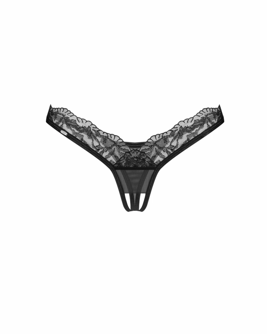 Obsessive Arrowel stringai su atviru tarpkojiu iš nėrinių, juodi, 2XL/3XL