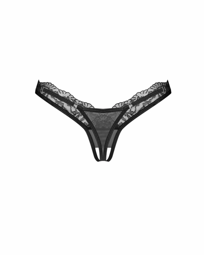 Obsessive Arrowel stringai su atviru tarpkojiu iš nėrinių, juodi, 2XL/3XL