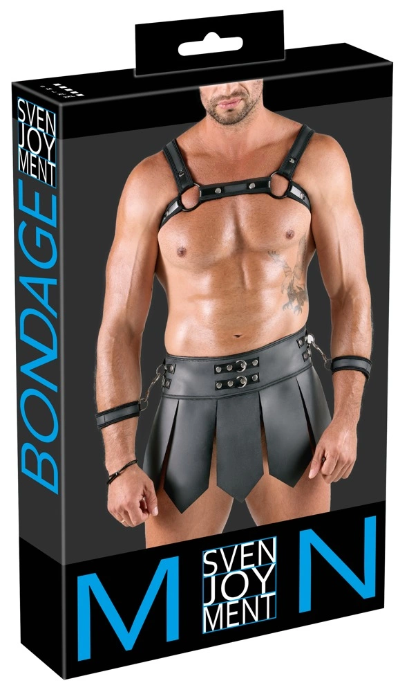 Svenjoyment Bondage Gladiator vyriškas rinkinys: krūtinės diržai ir sijonėlis, XL