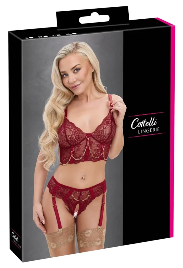 Cottelli Lingerie nėriniuotas komplektas su grandinėlėmis, bordo, M