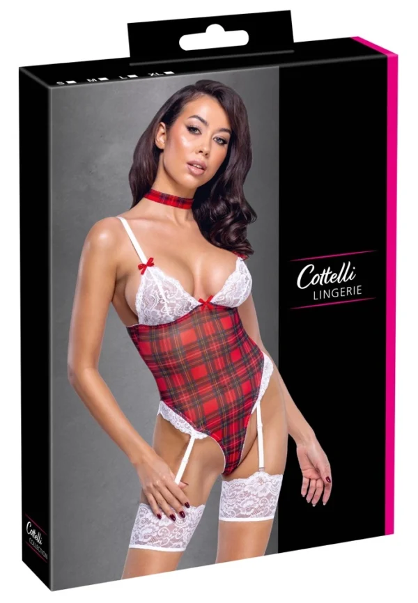 Cottelli Lingerie Plaid bodis su antkakliu ir kojinių laikikliais, S, baltas ir raudonas
