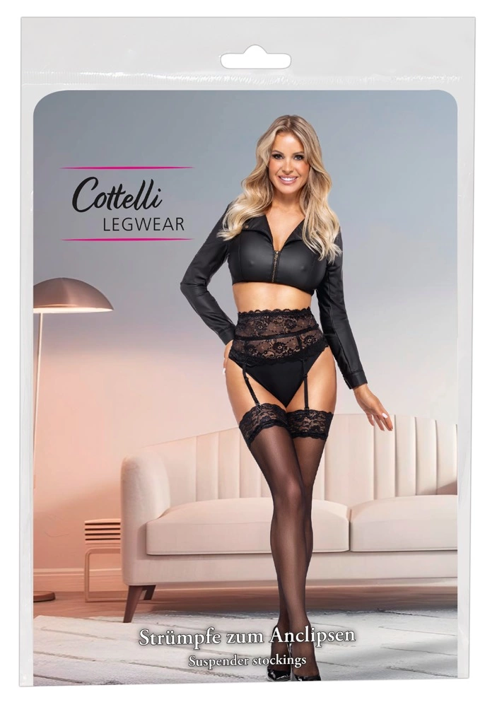 Cottelli Legwear juodos kojinės 20 den su 9 cm nėrinių viršumi, XL