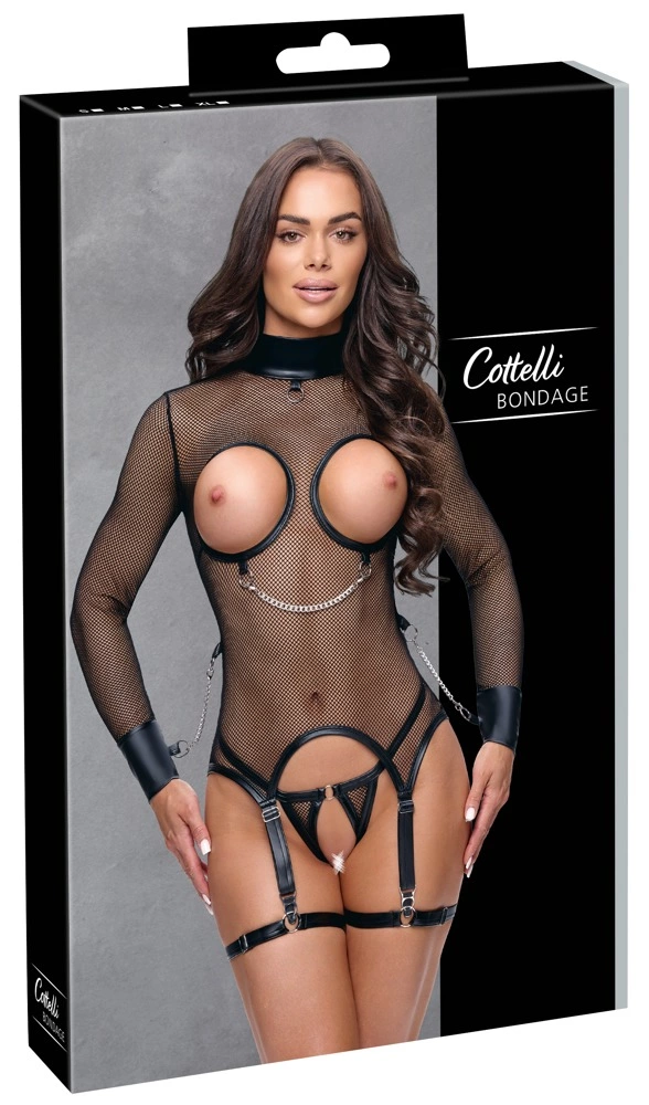 Cottelli Bondage juodas tinklelio komplektas: korsetas ir stringai su atviru tarpkojiu, M