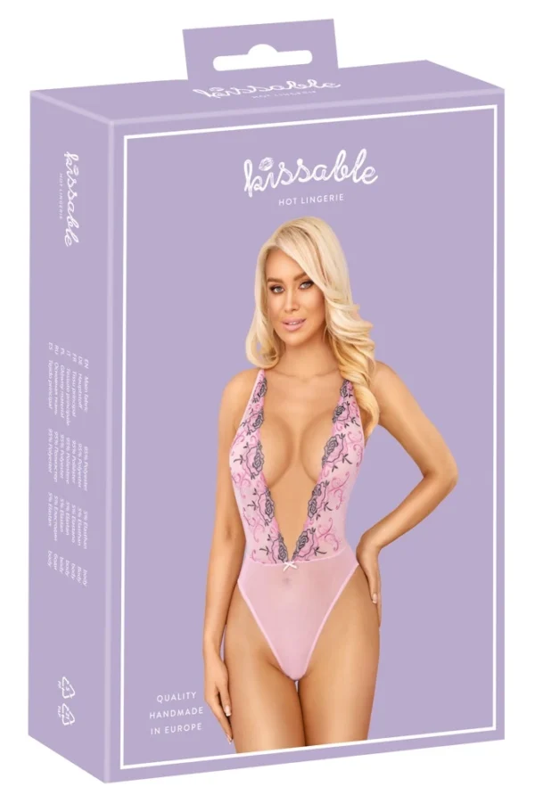 Kissable siuvinėtas bodis su gėlių raštu, rožinis, S/M
