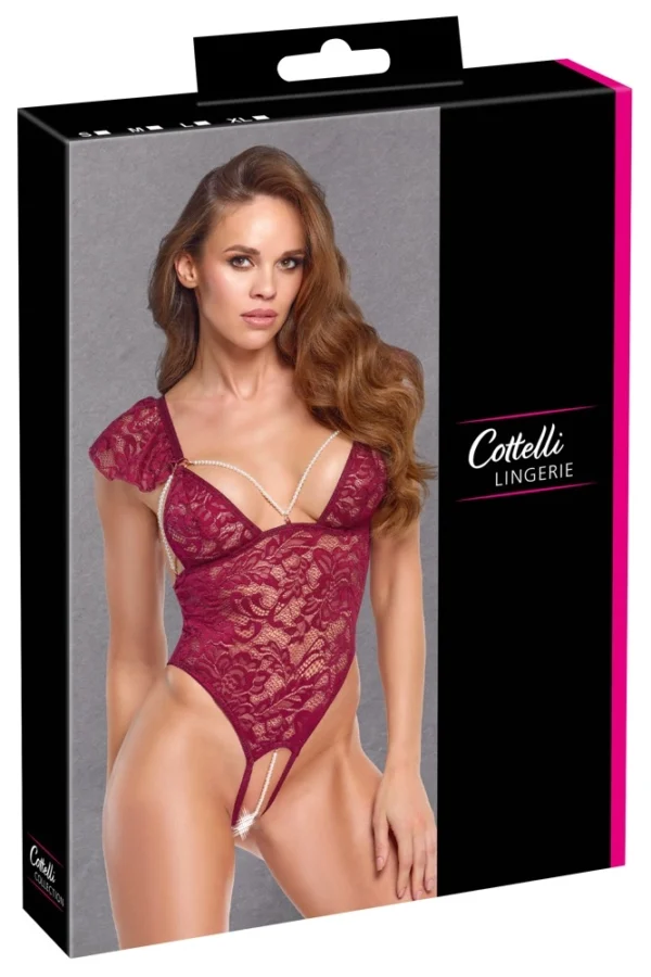 Cottelli Lingerie Pearls nėriniuotas bodis su perlų akcentais, bordo spalvos, S