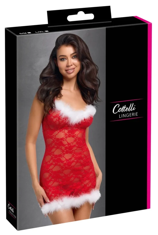 Cottelli Lingerie X-Mas naktiniai su raudonais nėriniais ir plunksnomis, S/M