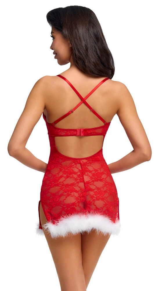 Cottelli Lingerie X-Mas naktiniai su raudonais nėriniais ir plunksnomis, S/M