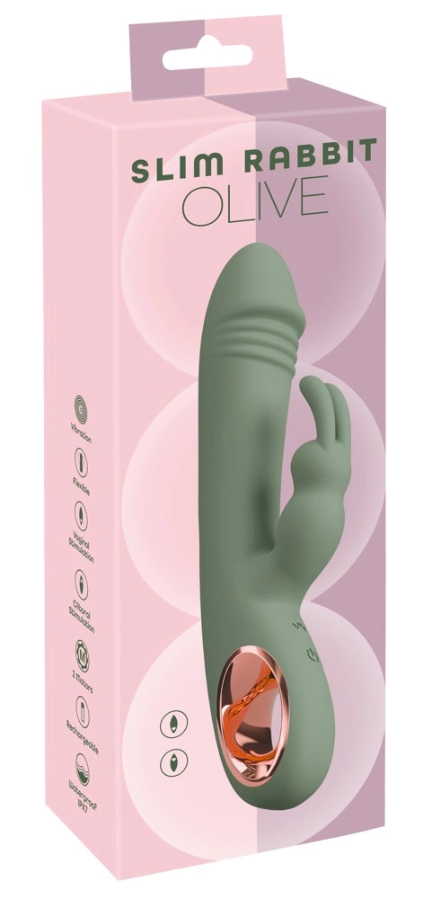 You2Toys Slim Rabbit Olive vibratorius su klitorio stimuliatoriumi, atsparus vandeniui