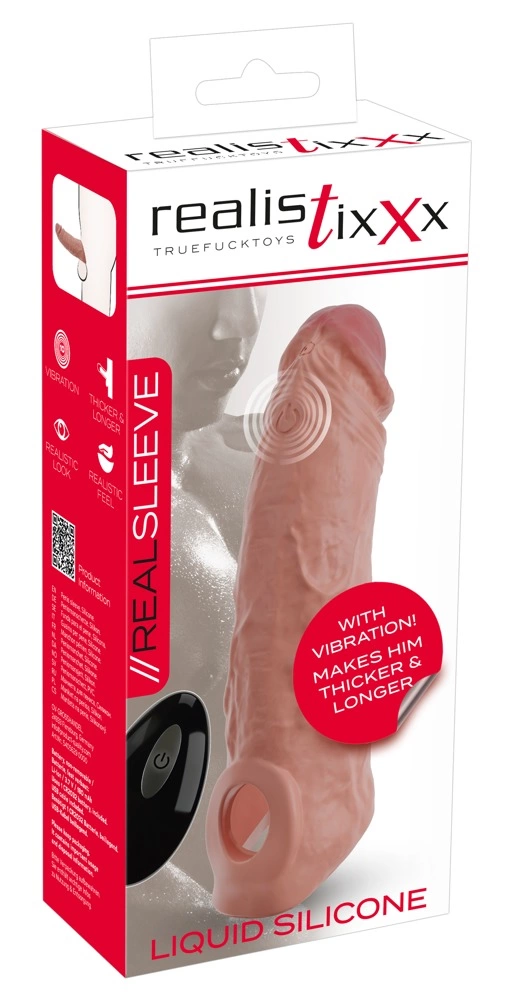 Realistixxx RealSleeve vibruojantis penio antgalis su pulteliu, iš skysto silikono