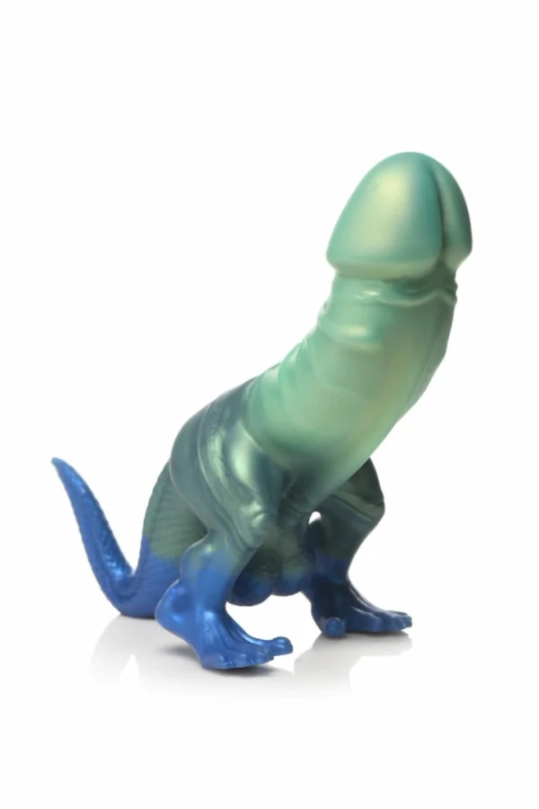 XR Brands Jurassic dinozauro formos fantazijos dildo iš silikono, žaliai mėlynas
