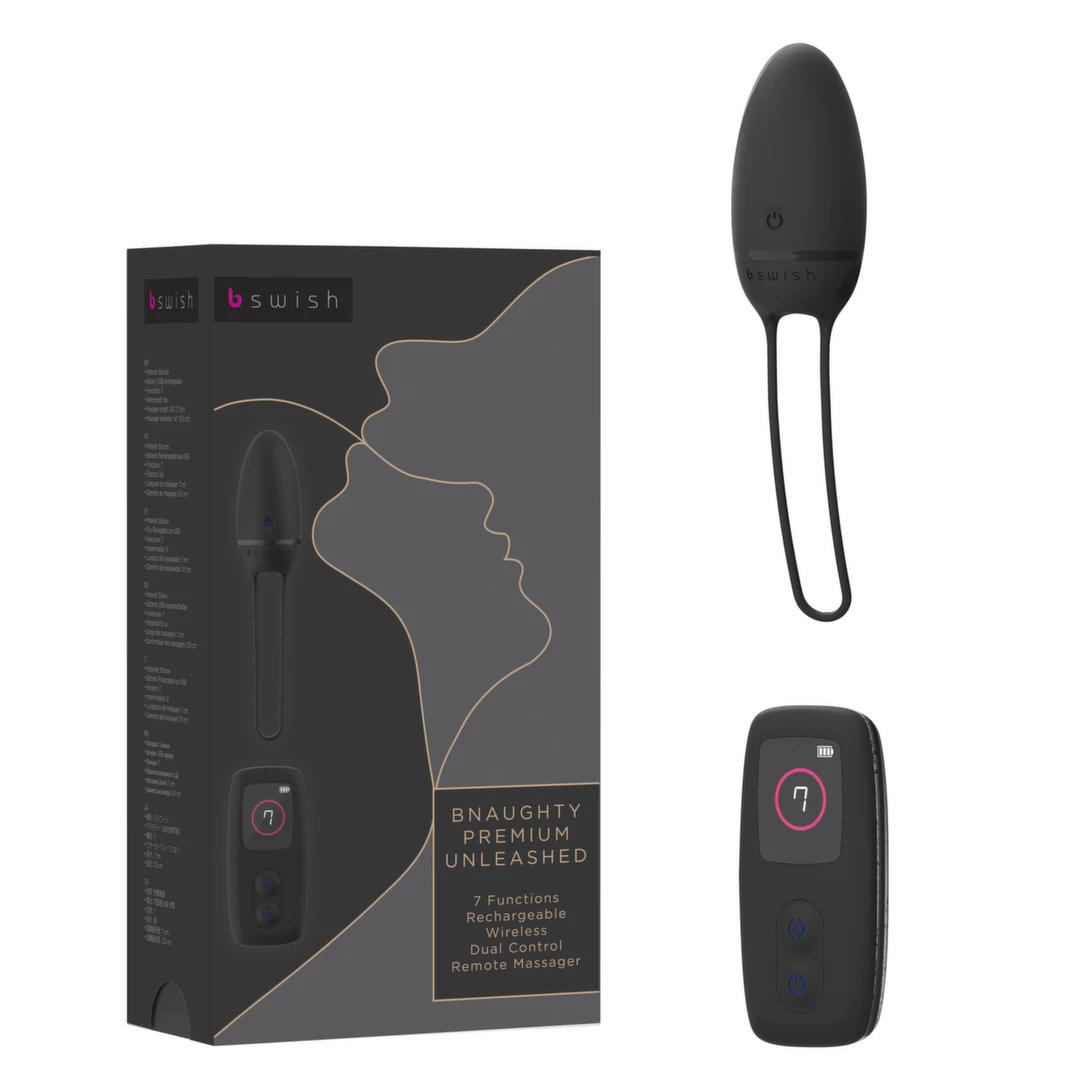 B Swish bnaughty Premium Unleashed belaidė vibruojanti kulka su pulteliu, juoda