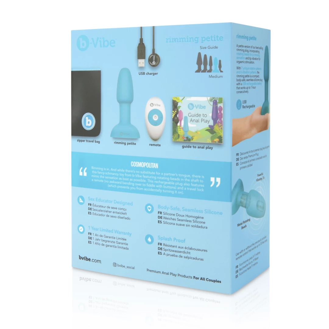 b-Vibe Rimming Petite analinis kaištis su sukimu ir vibracija, su pulteliu, turkio spalvos