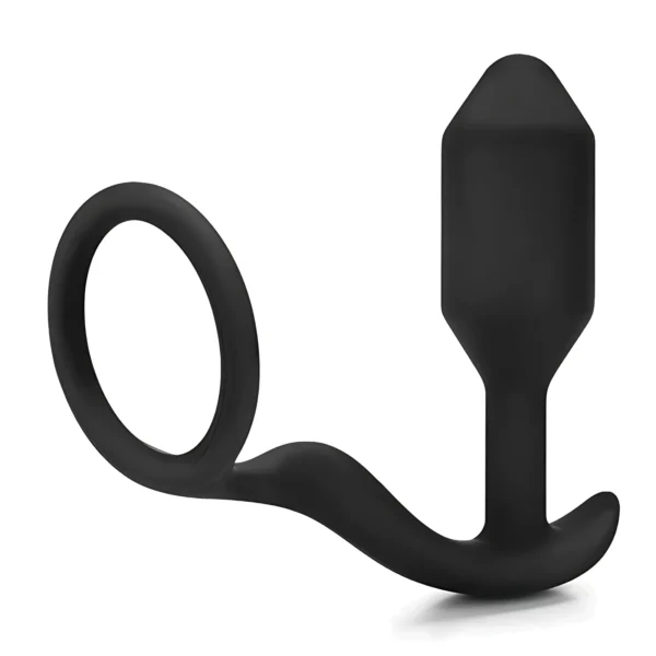 b-Vibe Snug & Tug analinis kaištis su žiedu ir svarmeniu, juodas