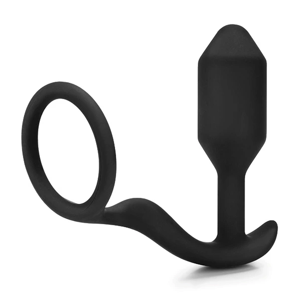 b-Vibe Snug & Tug analinis kaištis su žiedu ir svarmeniu, juodas