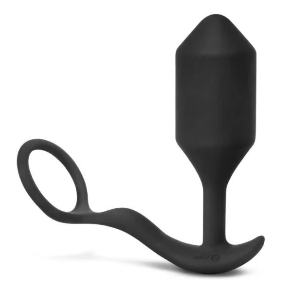b-Vibe Snug & Tug XL vibruojantis varpos žiedas su apsunkintu analiniu kaiščiu, juodas
