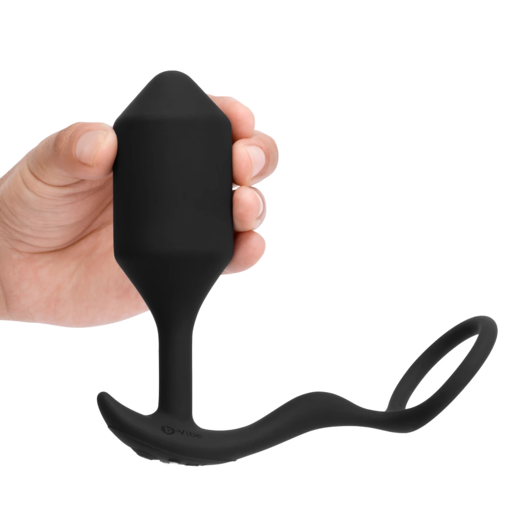 b-Vibe Snug & Tug XL vibruojantis varpos žiedas su apsunkintu analiniu kaiščiu, juodas