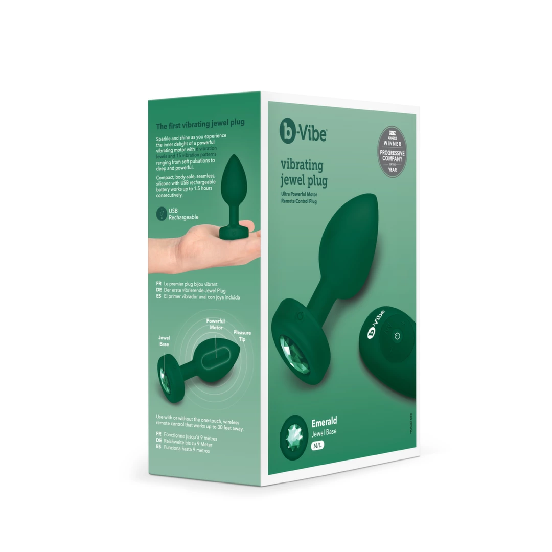 b-Vibe Jewel Plug M/L vibruojantis analinis kaištis su pulteliu, Emerald