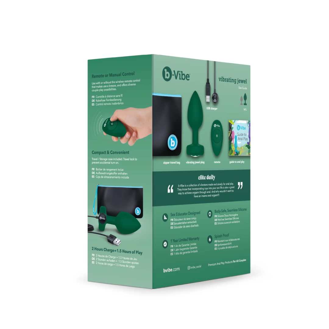 b-Vibe Jewel Plug M/L vibruojantis analinis kaištis su pulteliu, Emerald