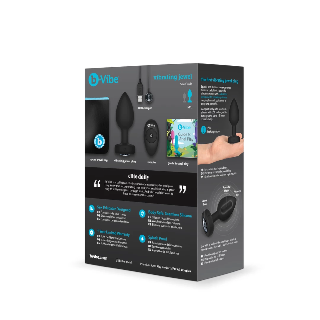 b-Vibe Jewel Plug M/L vibruojantis analinis kaištis su pulteliu, Black Diamond