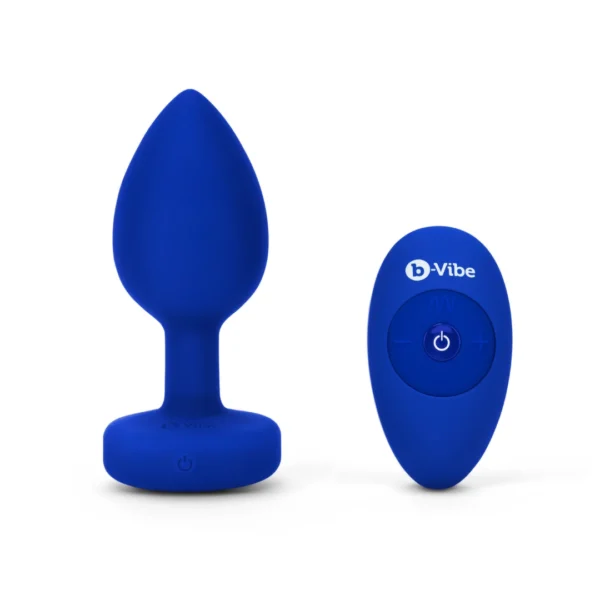b-Vibe Jewel Plug L/XL vibruojantis analinis kaištis su pulteliu, tamsiai mėlynas