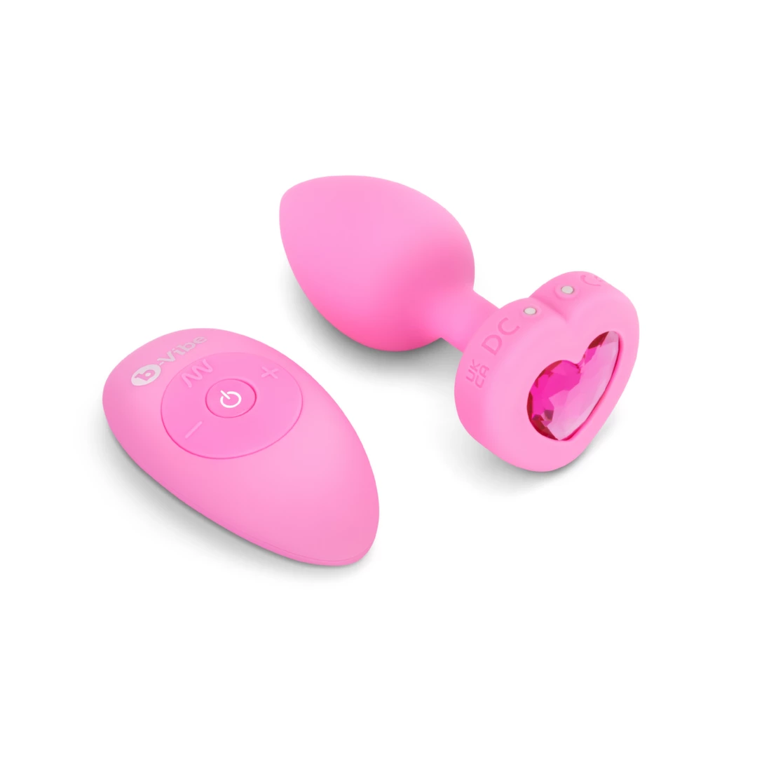b-Vibe Heart Plug S/M vibruojantis analinis kaištis su pulteliu, rožinis