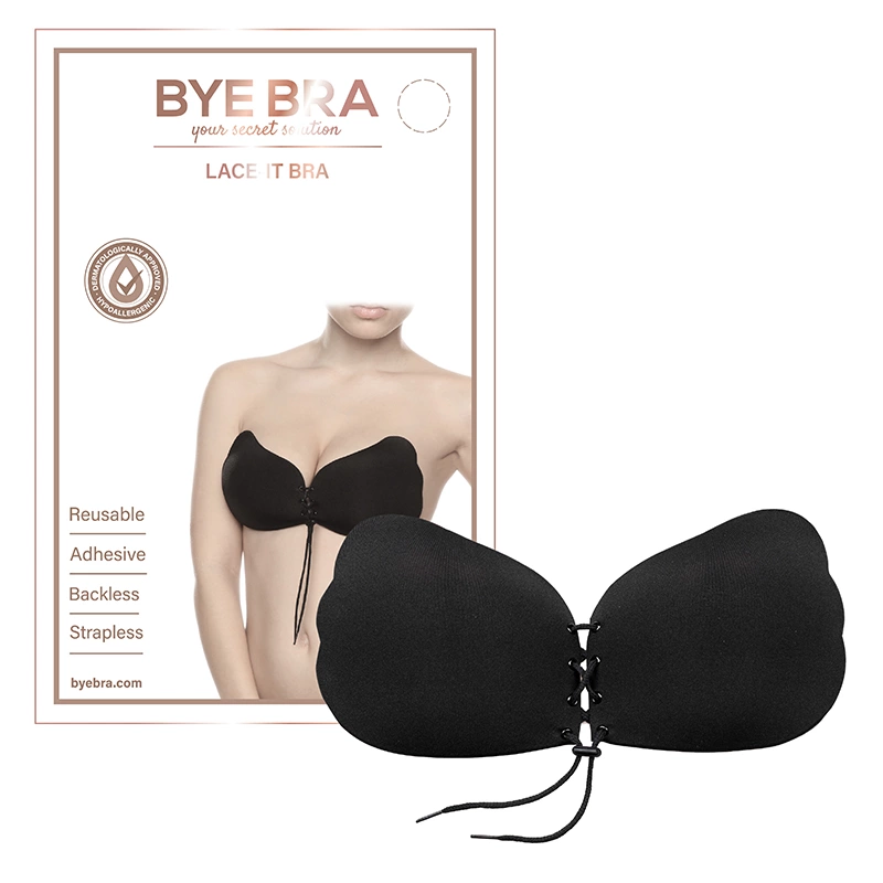 Bye Bra Lace-It prilimpanti liemenėlė su raišteliu priekyje, juoda, C kaušelis
