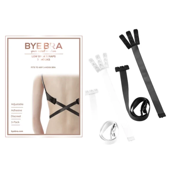 Bye Bra Flexible Low Back užsegimo nuleidimo dirželiai su 3 kabliukais, juodas ir baltas