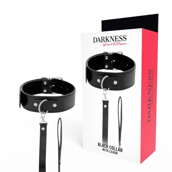 Darkness aukštas laikysenos antkaklis su pavadėliu, PVC oda, juodas