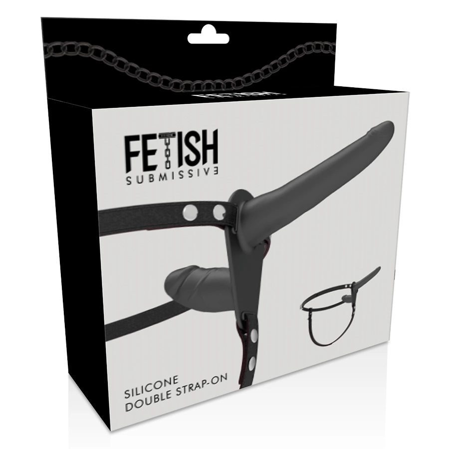 Fetish Submissive strap-on diržai su dviem silikoniniais priedais, juodi