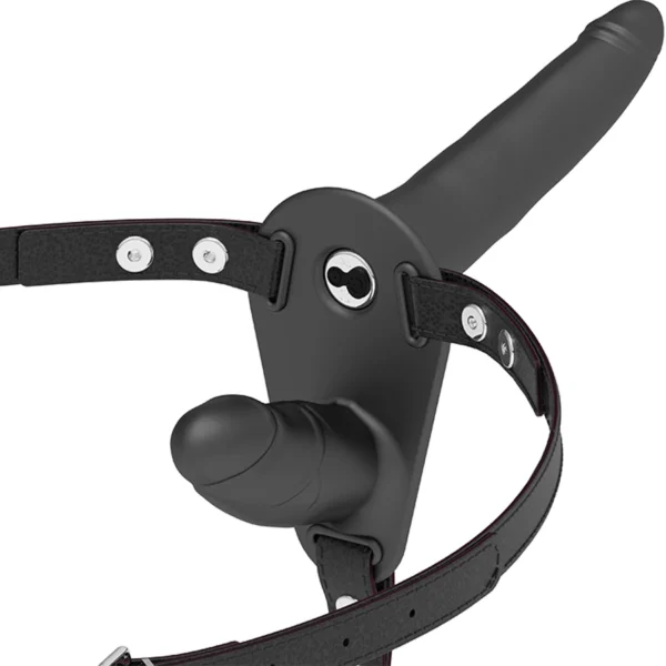Fetish Submissive strap-on diržai su dviem vibruojančiais antgaliais 15 ir 8 cm, juodi