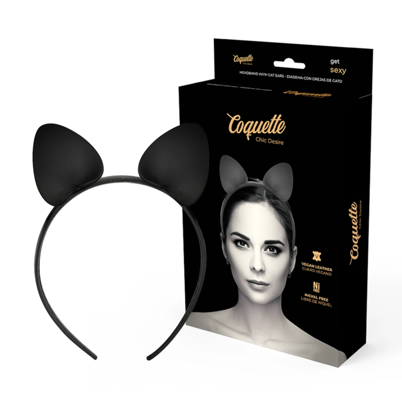 Coquette Chic Desire galvos lankelis su katės ausytėmis iš veganiškos odos, juodas