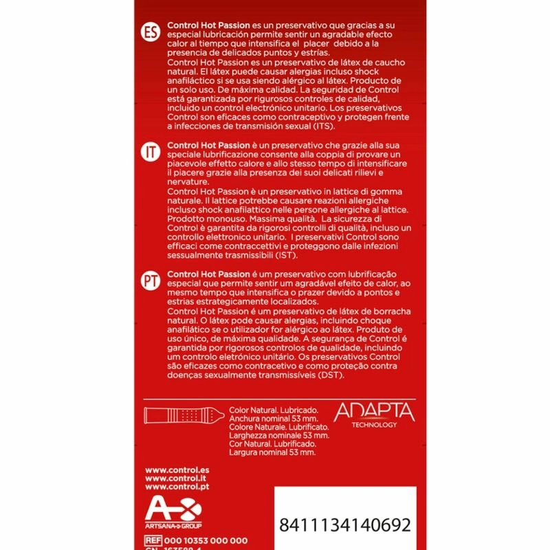 Control Hot Passion šildantys prezervatyvai su iškilimais ir rievelėmis, 53 mm, 10 vnt.