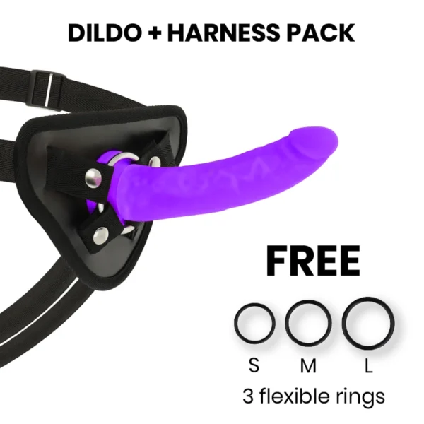 Deltaclub strap-on diržai su violetiniu silikoniniu dildo, 17 cm