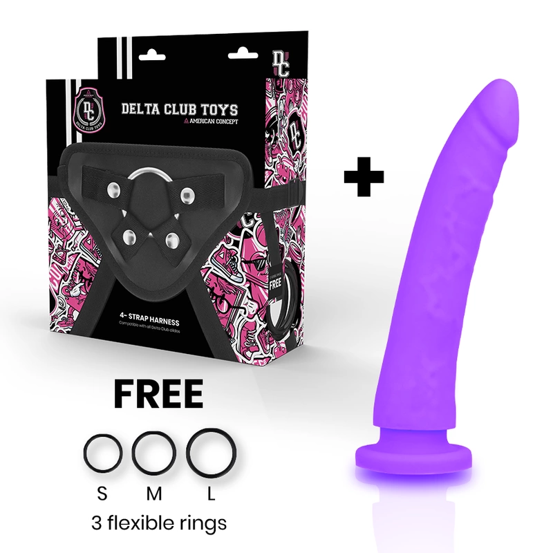 Deltaclub strap-on diržai su violetiniu silikoniniu dildo, 17 cm