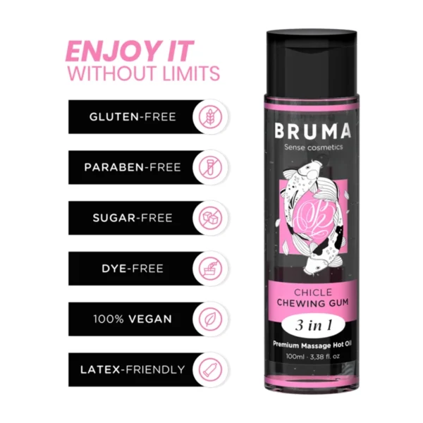 Bruma Premium 3 viename šildantis masažo aliejus, kramtomosios gumos kvapo, 100 ml