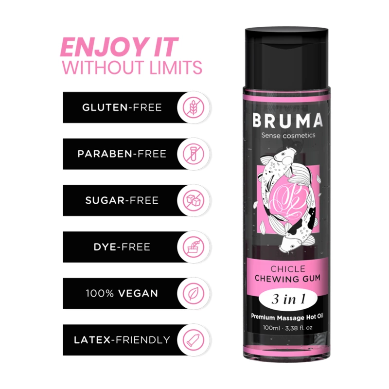 Bruma Premium 3 viename šildantis masažo aliejus, kramtomosios gumos kvapo, 100 ml