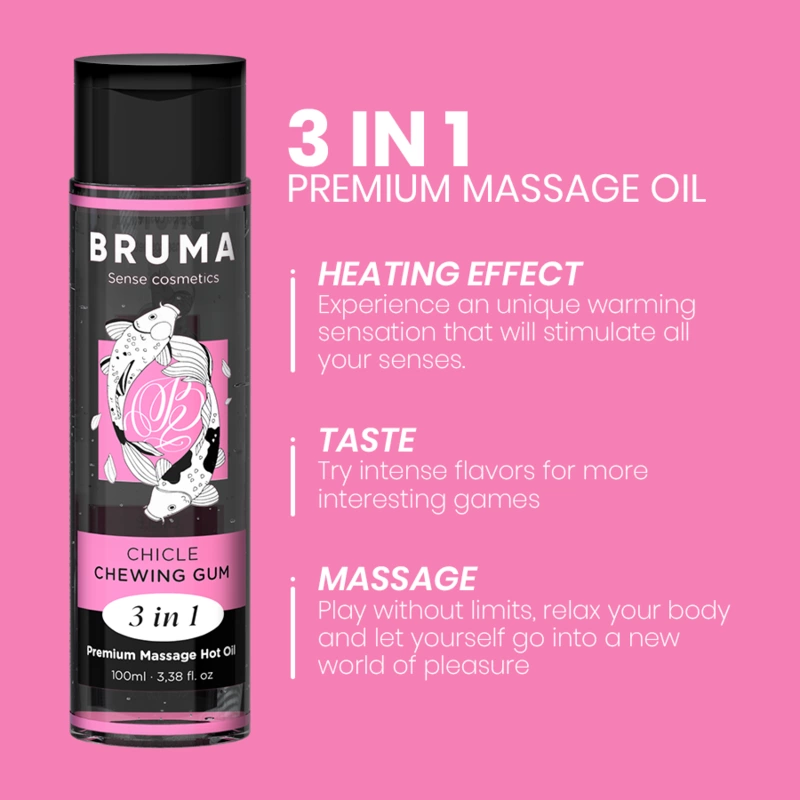 Bruma Premium 3 viename šildantis masažo aliejus, kramtomosios gumos kvapo, 100 ml