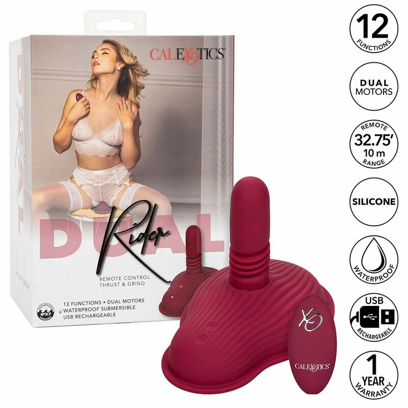 CalExotics Dual Rider vibratorius su stūmimo judesiu ir pulteliu, raudonas