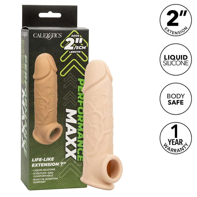 CalExotics Performance Maxx 7 penio antgalis iš skysto silikono su dirželiu, šviesus