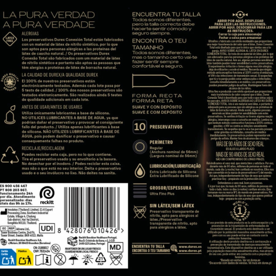 Durex Total Connection nitriliniai prezervatyvai be latekso, itin ploni, XL, 10 vnt.