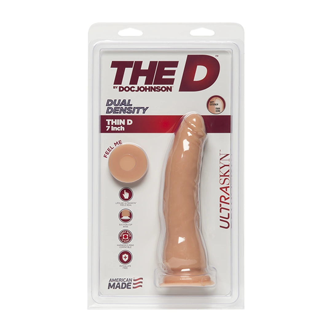 Doc Johnson Thin D dildo iš ULTRASKYN, plonas, 18 cm, dvigubo tankio