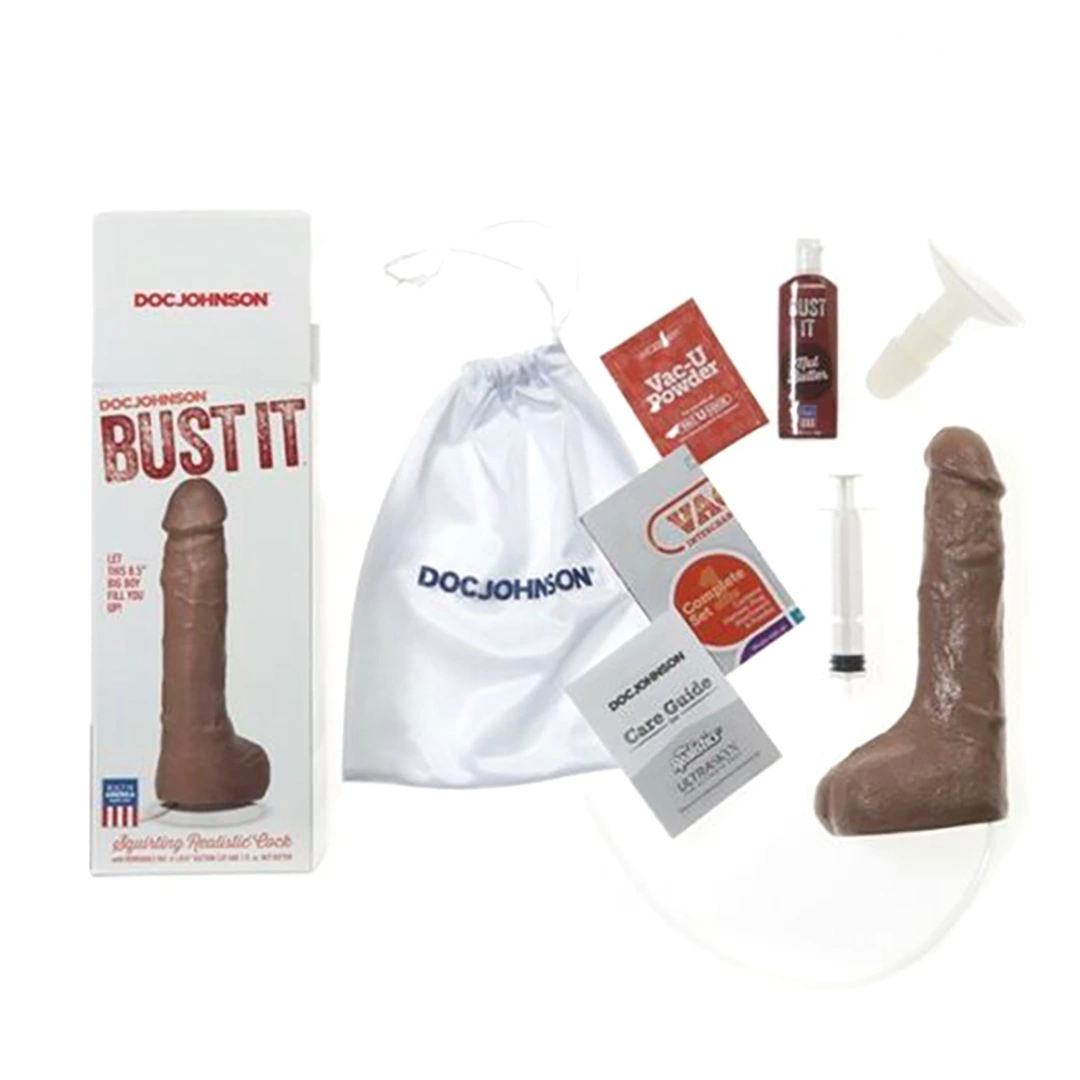 Doc Johnson Bust It 8.5” dildo su siurbtuku ir skysčio funkcija, baltas