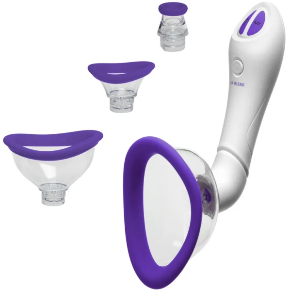 Doc Johnson Intimate Air System moterų vakuuminė pompa su vibracija, 4 keičiamos galvutės