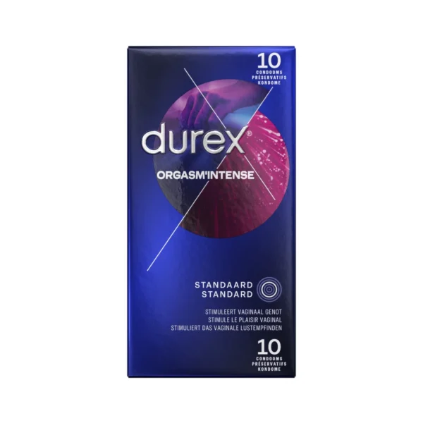 Durex Intense prezervatyvai su rievelėmis, iškilimais ir stimuliuojančiu geliu, 10 vnt.