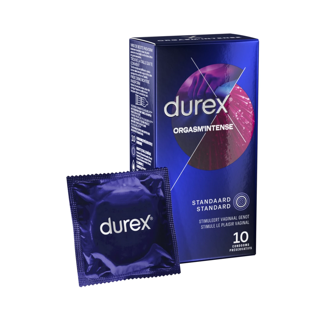 Durex Intense prezervatyvai su rievelėmis, iškilimais ir stimuliuojančiu geliu, 10 vnt.