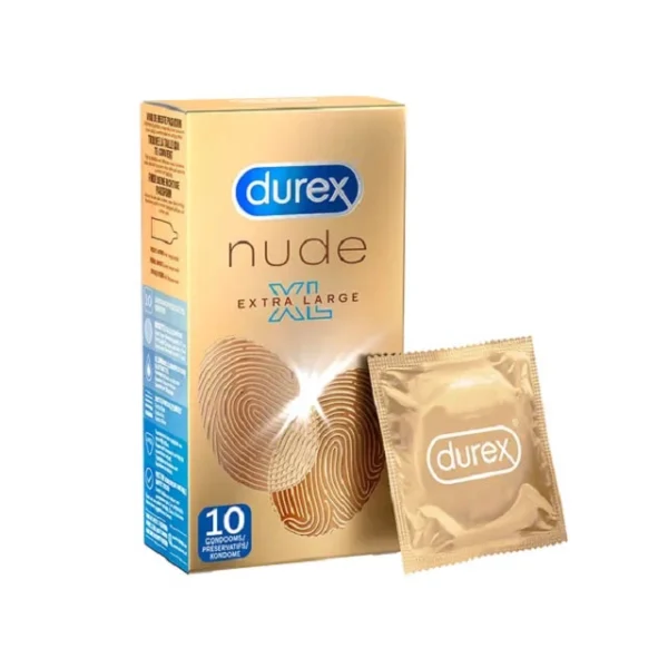 Durex Nude XL itin ploni prezervatyvai, 10 vnt., 57 mm