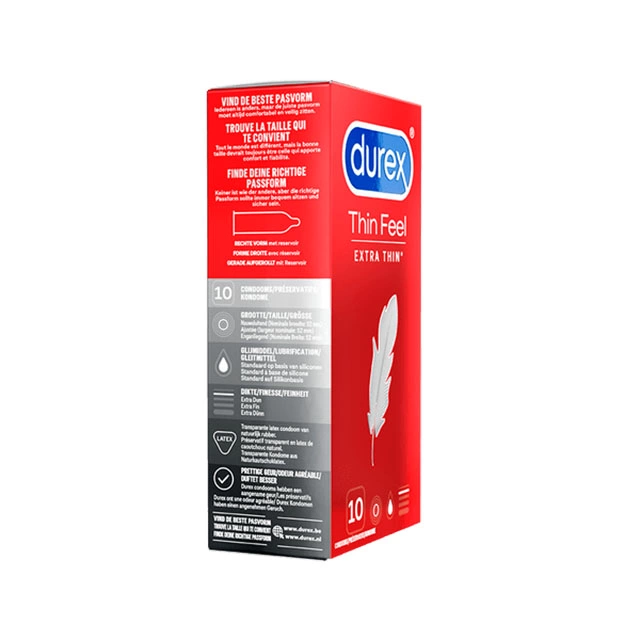 Durex Thin Feel Extra Thin ypač ploni lateksiniai prezervatyvai, 10 vnt., 56 mm
