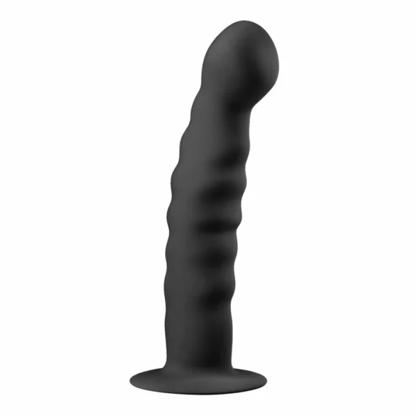 Easytoys silikoninis dildo su rievelėmis ir siurbtuku, juodas