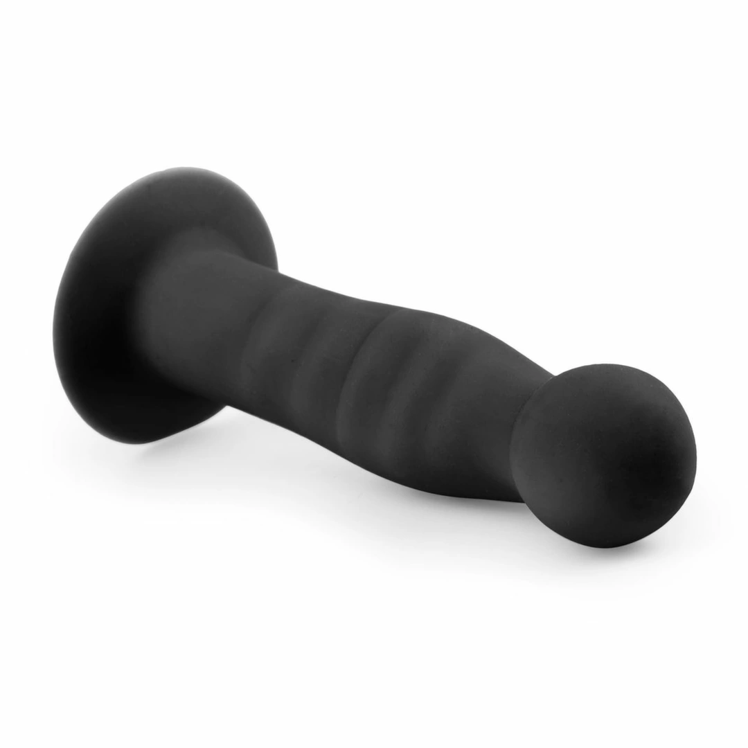 Easytoys silikoninis dildo su rievelėmis ir siurbtuku, juodas